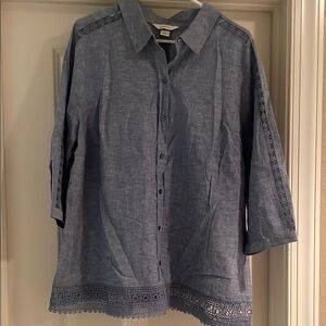 CJ Banks Denim Blue Button Down with Lace Trim